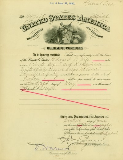 Mitteilung über das Rentenrecht an Edward Parker Rice, 20. Juni 1908 von Frank Pierce