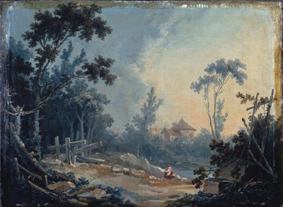 Waldlandschaft mit Gebäuden in der Ferne von François Boucher