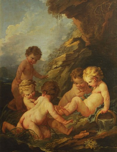 Boucher - Fünf nackte Kinder spielen an einem felsigen Teich, 1730-1735 von François Boucher