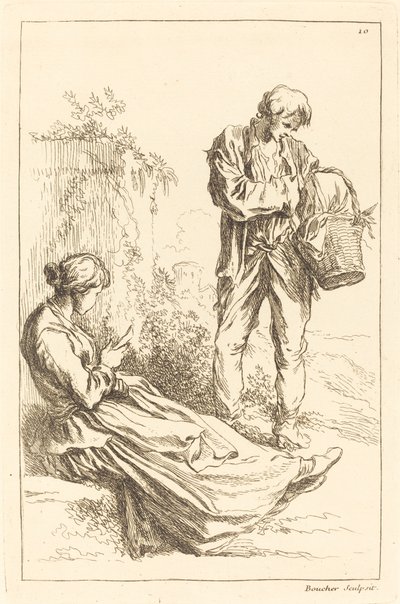 Sitzende Frau mit Bauernjungen, der einen Korb hält von François Boucher after Abraham Bloemaert