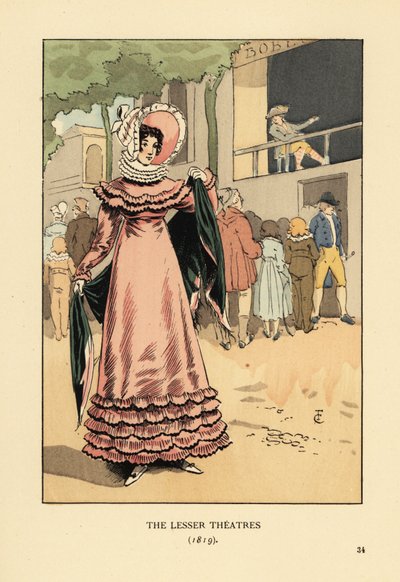 Modische Frau bei einer dramatischen Freiluftvorstellung. Die kleineren Theater von François Courboin