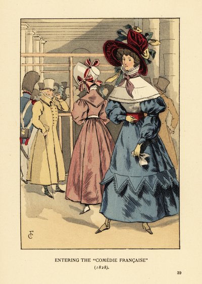 Modische Frauen bei einem Theaterstück, Paris. Frau mit großem Hut mit Bändern, Kleid mit hohem Kragen, Spitzenumhang oder Pelerine und weiten Ärmeln en beret. Eintritt in die Comedie Francaise von François Courboin