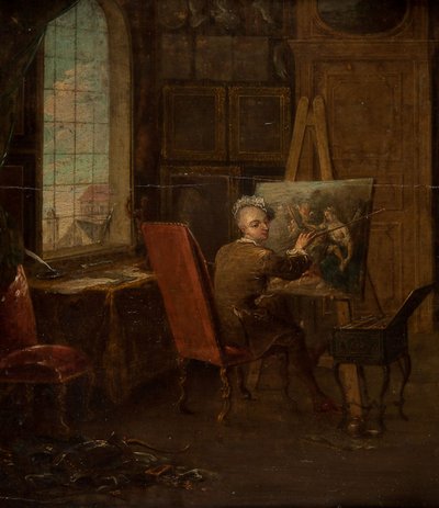 Selbstporträt des Künstlers in seinem Atelier, einen Mahlstock haltend von Francois Eisen