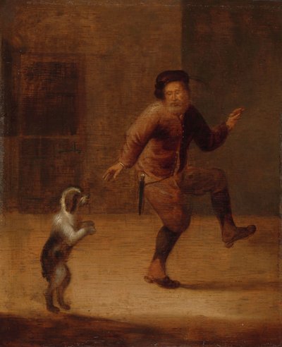 Ein Mann tanzt mit einem Hund von François Verwilt (attributed to)