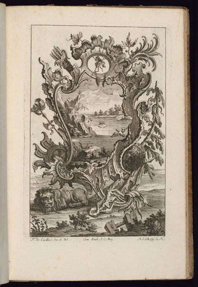Kartusche mit Köcher und Löwe, Livre de Cartouches Irréguliers (Buch der unregelmäßigen Kartuschen) von François de Cuvilliés the Elder