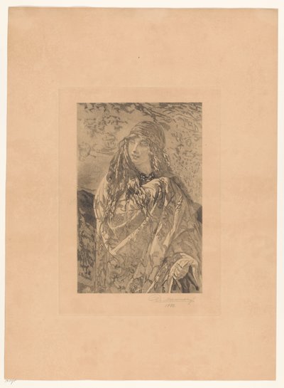 Junge Frau mit geblümtem Umschlagtuch von François de Meersman (signed by artist)