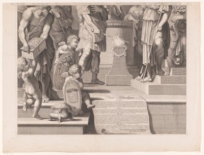 Mars steckt sein Schwert in die Flammen vor einem Tempel (unterer Teil) von François de Poilly (I)