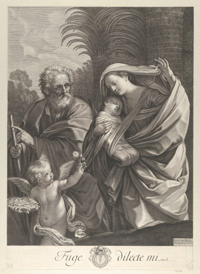 Die Flucht nach Ägypten, die Heilige Familie geht zusammen, Heiliger Josef zeigt auf... von François de Poilly