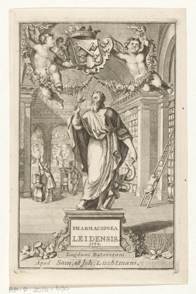 Asklepios, Titelblatt für: S.n., Pharmacopoea Leidensis, amplissimorum magistratuum auctoritate instaurata, 1770 von François van Bleyswijck