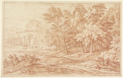 Landschaft mit Fluss und Brücke mit rundem Turm von Frans Boudewijns