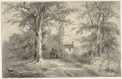 Allee zwischen Bäumen mit Reiter und Frau von Frans Breuhaus de Groot