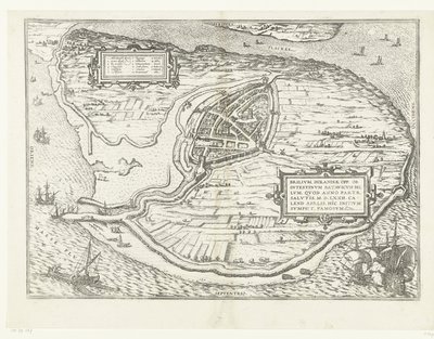 Karte der Insel Voorne und Grundriss von Brielle, 1572 von Frans Hogenberg