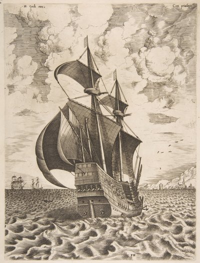 Bewaffneter Viermaster segelt in Richtung eines Hafens aus Die Segelschiffe, 1561-65 von Frans Huys