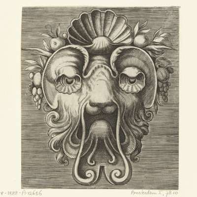 Maske mit muschelförmigen Augen und einer Muschel zwischen Fruchttrauben auf der Stirn von Frans Huys