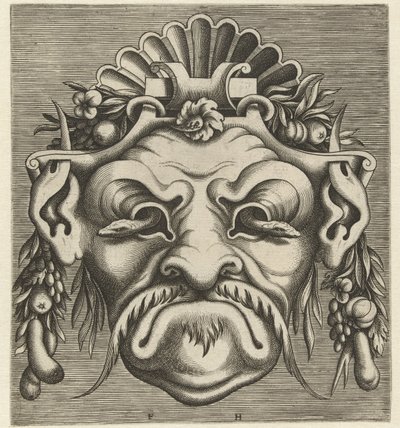 Maske mit zwei Schlangen, die aus den Augenhöhlen schauen von Frans Huys