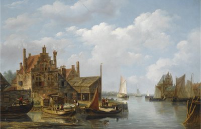 Ansicht eines Dorfes am Flussufer von Frans Jacobus van den Blijk