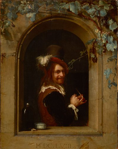 Mann mit Pfeife am Fenster, von Frans van Mieris dem Älteren von Frans van Mieris