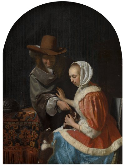 Mann und Frau mit zwei Hunden, bekannt als "Das Haustier necken", 1660 von Frans van Mieris