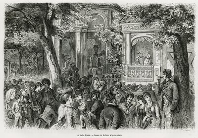 Der Volksprater: beliebter Teil des Hauptpraters, bietet zahlreiche Ablenkungen, Zirkus, Orchester und Puppentheater. Gravur von Kollarz, zur Illustration der Geschichte Wien und seine Vororte, von M. Newlinski, im Jahr 1881, veröffentlicht in Le tour du m von Franz (after) Kollarz
