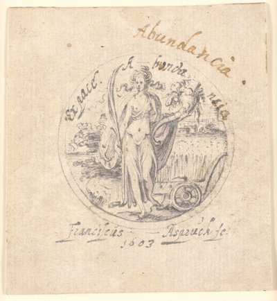 Die Fülle als stehende Frauenfigur mit Füllhorn und Friedenspalme. Rund eingerahmt von Franz Aspruck
