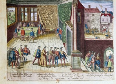 Verhaftung von Lamoral, Graf von Egmont (1522-1568) und Philippe de Montmorency (1524-1568), Graf von Hornes (Hoorn) wegen ihrer Stellungnahme gegen König Philipp II. von Spanien (1527-1598). Sie werden 1568 hingerichtet (oben rechts) 1653 von Franz Hogenberg