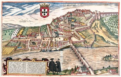 Coimbra, Portugal. Die beiden Akademiker im Vordergrund in gelehrter Diskussion machen weitere visuelle Bezüge zur Universität (Gravur) von Franz Hogenberg