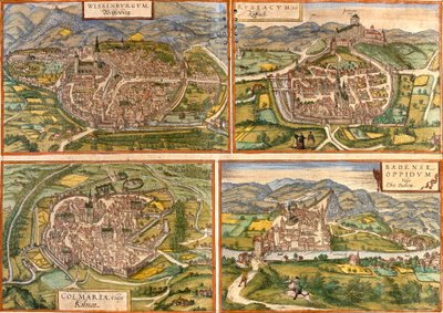 Karte von Weißenburg (Wissenburgum) in Deutschland, Rouffach (Rubeacum) und Colmar (Colmaria) in Frankreich und Baden in der Schweiz von Franz Hogenberg