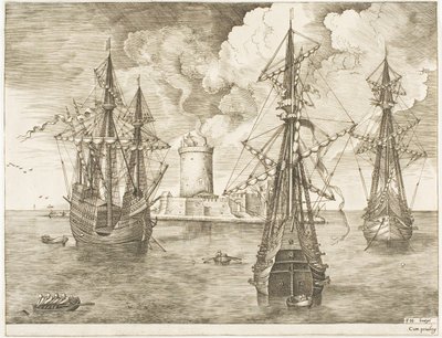 Viermaster und zwei Dreimaster vor einer befestigten Insel mit Leuchtturm, aus Die Segelschiffe von Franz Huys