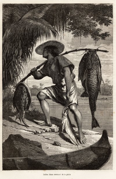 Indischer Moxo (Mojo, Moxeno) (aus der Region Mato Grosso) kehrt vom Fischen zurück, Gravur nach einer Zeichnung des Erzählers, zur Illustration einer Erkundungsreise am Amazonas und Madeira, 1874, von Franz Keller Leuzinger, veröffentlicht in „Le tour du  von Franz Keller