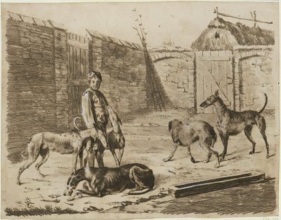 Hofraum mit Junge und Hunden von Franz Krüger