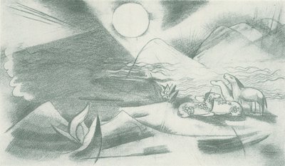 Urlandschaft mit Sonne, Bergen, einer Pferdegruppe von Franz Marc