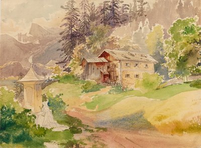 Alpenlandschaft mit Bauernhaus und Frau vor Marterl von Franz Steinfeld