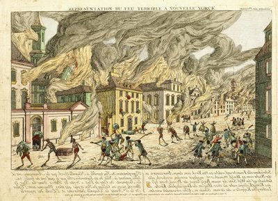 Ansicht von New York während des großen Feuers von 1776; Repräsentation du Feu Terrible à Nouvelle York, 1780 von Franz Xaver Habermann