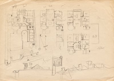 Entwurfsskizzen zu Matschs Ateliervilla - Grundrisse und Dachkonstruktion von Franz von Matsch