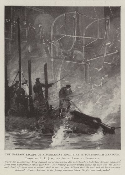 Die knappe Flucht eines U-Boots vor einem Feuer im Hafen von Portsmouth von Fred T. Jane