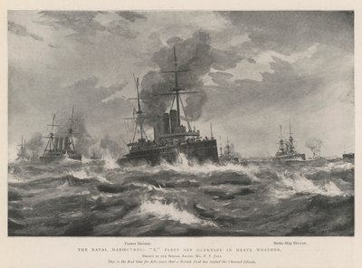 Die Marine-Manöver, X Flotte vor Guernsey bei schwerem Wetter von Fred T. Jane