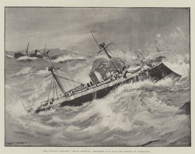 Das spanische Kriegsschiff Reina Regente, das in der Nähe der Straße von Gibraltar als verloren gemeldet wurde von Fred T. Jane