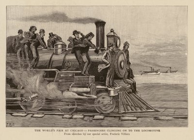 Passagiere klammern sich an die Lokomotive bei der Weltausstellung in Chicago von Frederic (after) Villiers
