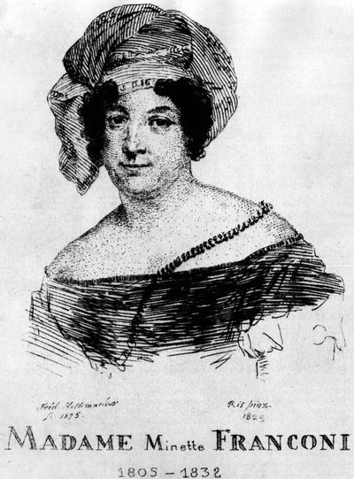 Zirkus: Radierung von Frédéric Hillemacher, Porträt von Mrs. Minette Franconi (1805-1832) - in 