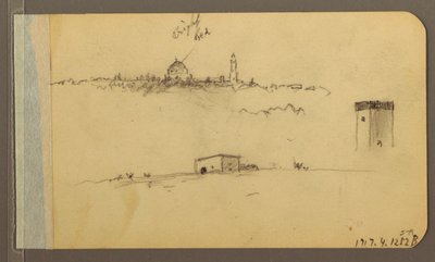 Zeichnung, Kirche, Turm, Haus; (Rückseite: Gebirgskette, 1889) von Frederic Edwin Church