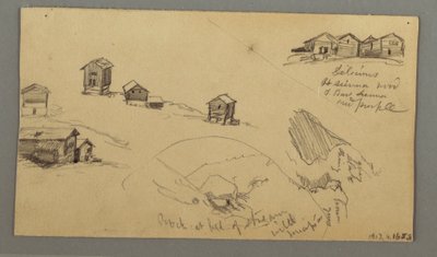 Details von Berghütten, Häusern und einem Felsen, Berner Alpen, Schweiz, 3. September 1868 von Frederic Edwin Church