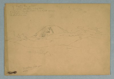 Zeichnung, Berggipfel, möglicherweise Chimborazo, über drei aufeinanderfolgende Bergketten, Ecuador, 1857 von Frederic Edwin Church