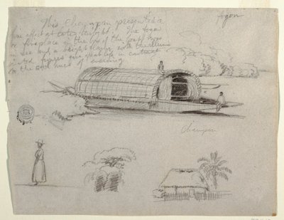 Skizzen aus Kolumbien - Flussfahrzeug (Champan), eine Frau, Baumgruppe, ein Haus von Frederic Edwin Church