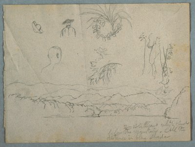 Flussufer mit Bergen und Wolken, drei botanische Skizzen und Büstenstudien von Männern mit Hüten von Frederic Edwin Church