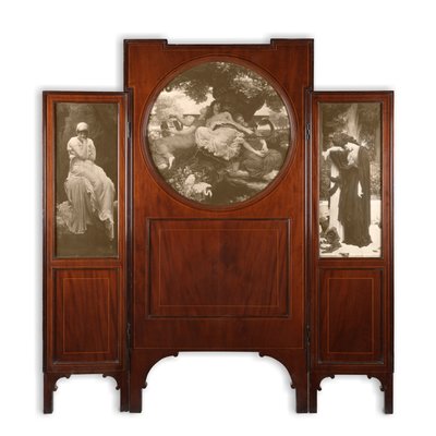 Mahagoni-Dreifachschirm mit Druckeinlagen von Frederic Leighton