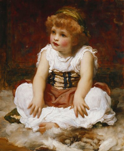 Porträt eines Mädchens auf einem Teppich sitzend von Frederic Leighton