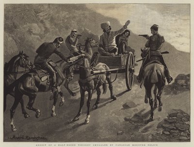 Verhaftung eines Halbblut-Whiskey-Schmugglers durch die kanadische berittene Polizei von Frederic Remington