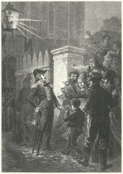 General Daumesnil konfrontiert den Pariser Mob vor dem Château de Vincennes während der Französischen Revolution von 1830 (Stich) von Frederic Theodore (after) Lix