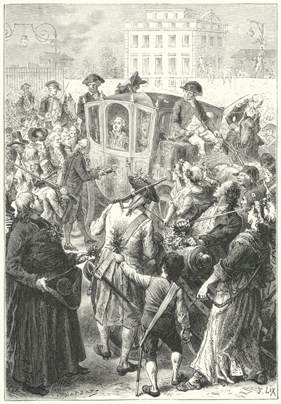 Ludwig XVI. wird nach dem Angriff des Mobs auf den Palast von Versailles nach Paris gebracht von Frederic Theodore (after) Lix