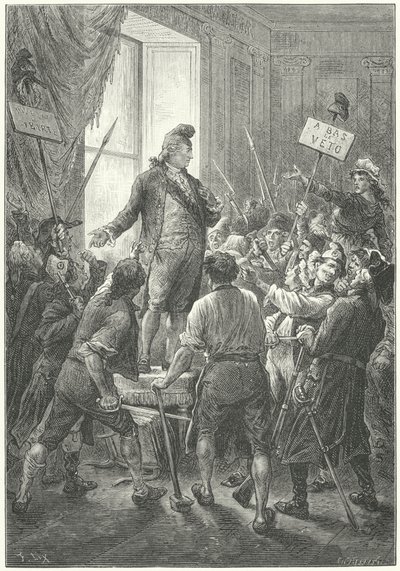 Ludwig XVI. von Frankreich wird von den Sansculotten nach ihrer Invasion des Tuilerienpalastes gezwungen, eine phrygische Mütze aufzusetzen von Frederic Theodore (after) Lix